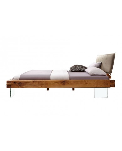 Lit chêne massif sauvage huilé - Pieds verre trempé design - tête de lit matelassée -