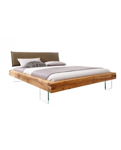 Lit chêne massif sauvage huilé - Pieds verre trempé design - tête de lit matelassée -