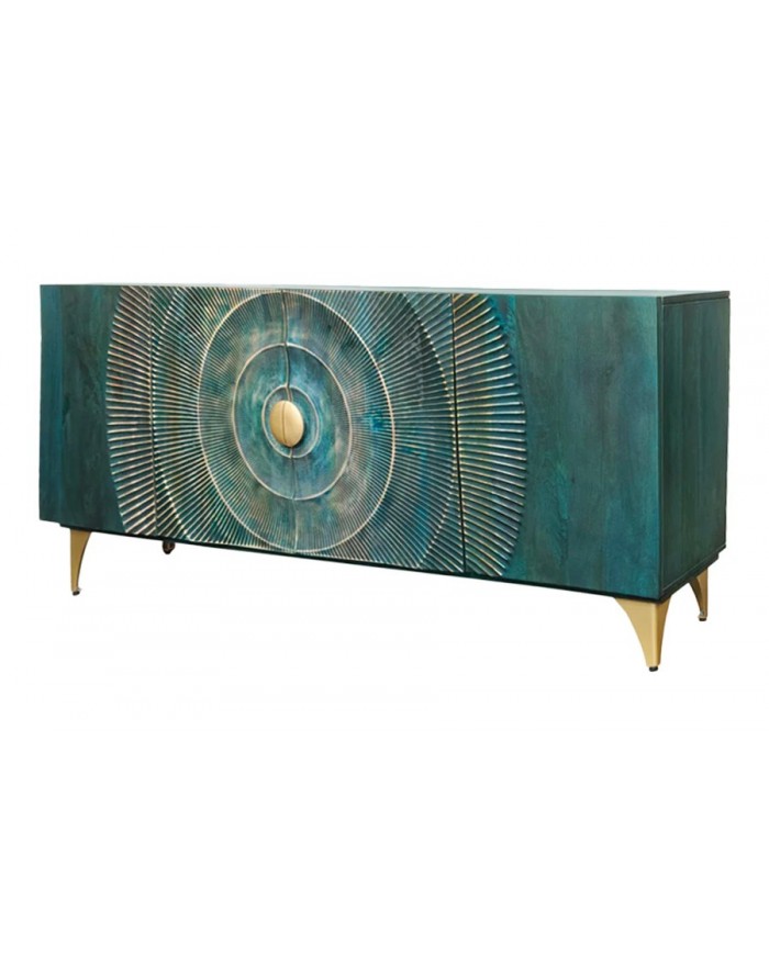 Buffet bois massif de manguier 180 cm effet 3D turquoise AMMONIS