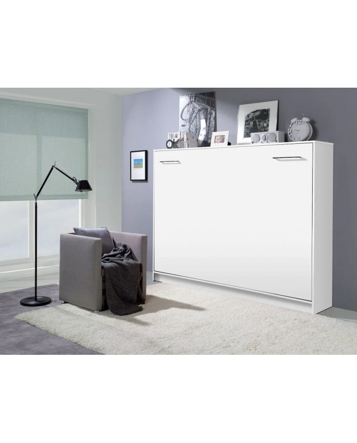 Armoire lit escamotable relevable horizontal 140x200 cm blanc mat Premium + matelas Premia 140x200 cm