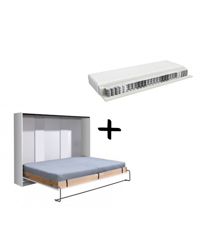 Armoire lit escamotable relevable horizontal 140x200 cm blanc mat Premium + matelas Premia 140x200 cm