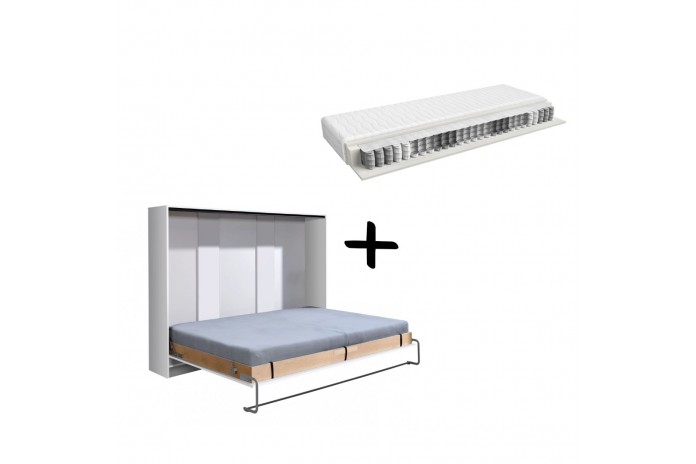 Armoire lit escamotable relevable horizontal 140x200 cm blanc mat Premium + matelas Premia 140x200 cm