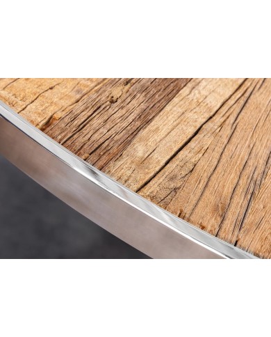 Table ronde teck et verre trempé avec pied central chromé ORBIS