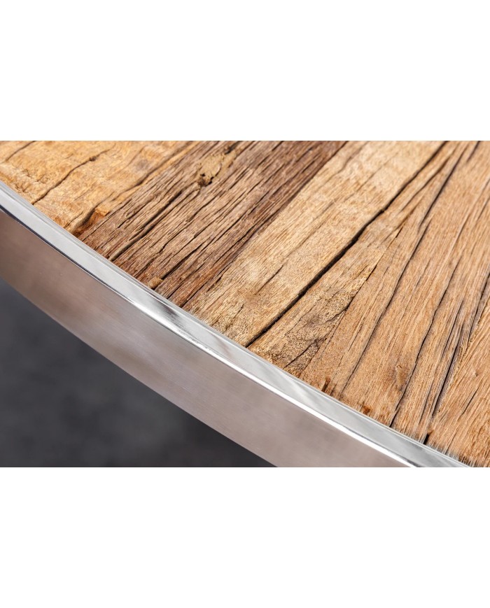 Table ronde teck et verre trempé avec pied central chromé ORBIS