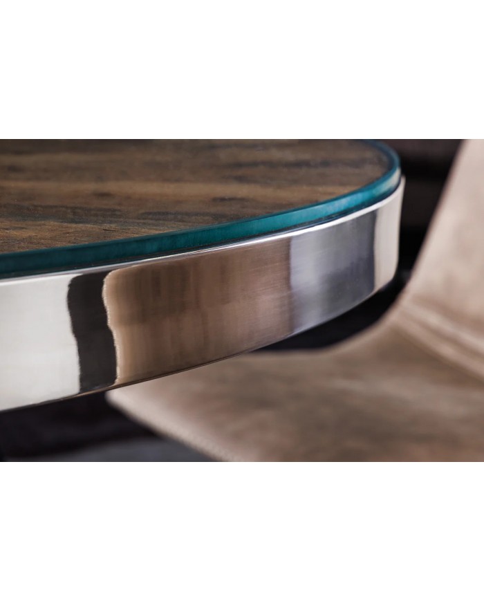 Table ronde teck et verre trempé avec pied central chromé ORBIS