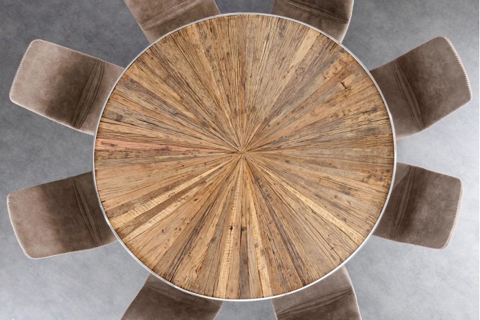 Table ronde teck et verre trempé avec pied central chromé ORBIS