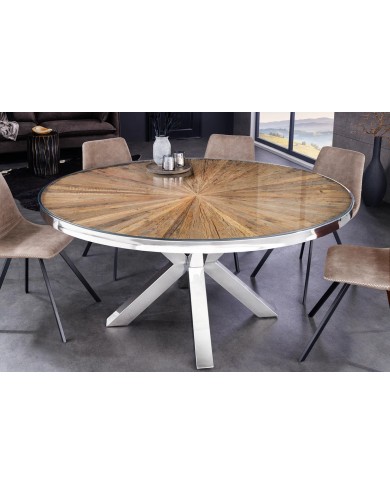 Table ronde teck et verre trempé avec pied central chromé ORBIS