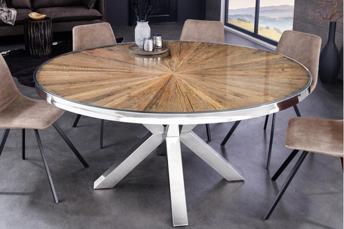 Table ronde teck et verre trempé avec pied central chromé ORBIS