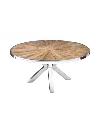 Table ronde teck et verre trempé avec pied central chromé ORBIS