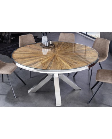 Table ronde teck et verre trempé avec pied central chromé ORBIS