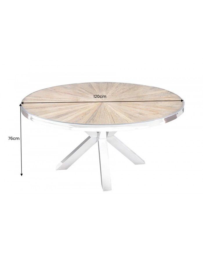 Table ronde teck et verre trempé avec pied central chromé ORBIS