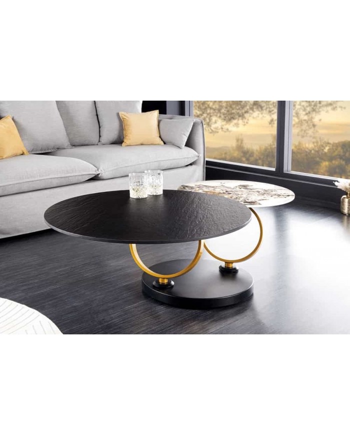 Table basse pivotante en céramique noire et aspect pierre naturelle 80-134 cm ECLATS D'OR