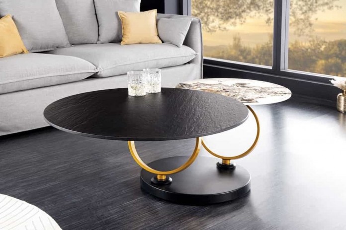 Table basse pivotante en céramique noire et aspect pierre naturelle 80-134 cm ECLATS D'OR