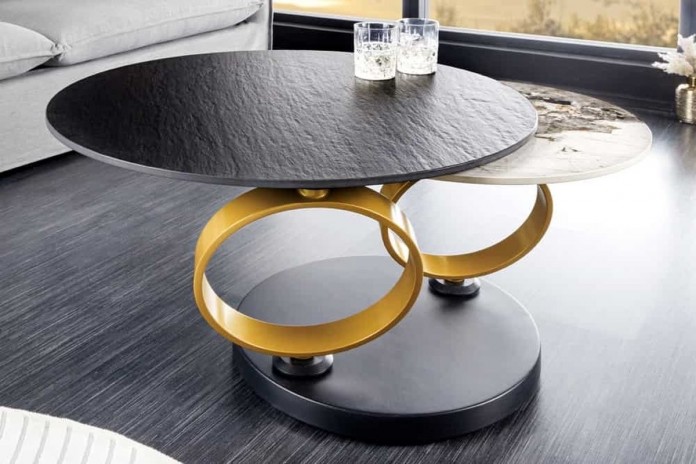 Table basse pivotante en céramique noire et aspect pierre naturelle 80-134 cm ECLATS D'OR
