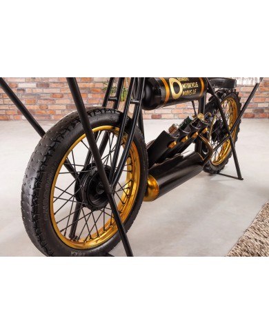 Moto bar vintage avec plateau bois précieux manguier, porte bouteille et verre 185 cm INDIAN RIDER