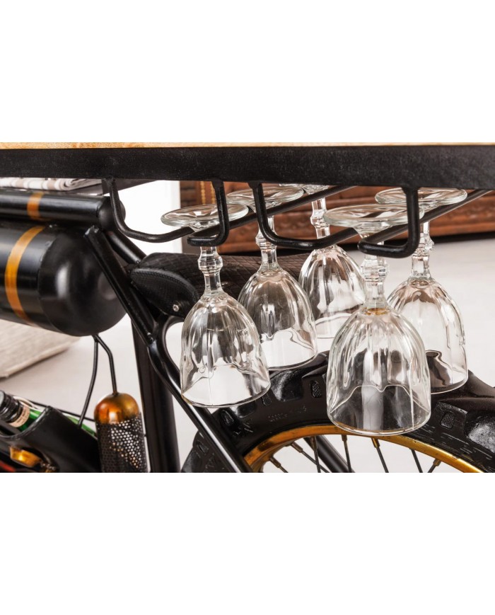 Moto bar vintage avec plateau bois précieux manguier, porte bouteille et verre 185 cm INDIAN RIDER