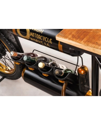 Moto bar vintage avec plateau bois précieux manguier, porte bouteille et verre 185 cm INDIAN RIDER