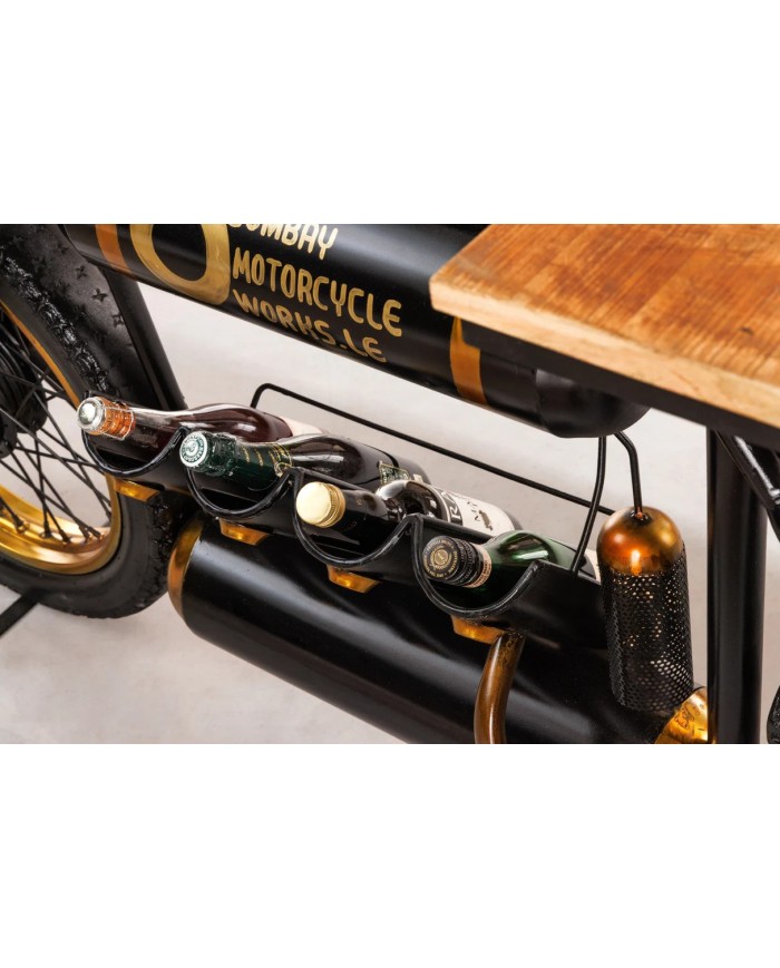 Moto bar vintage avec plateau bois précieux manguier, porte bouteille et verre 185 cm INDIAN RIDER