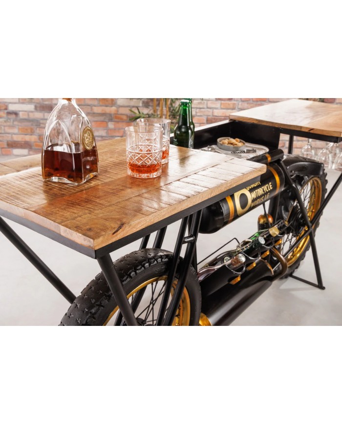 Moto bar vintage avec plateau bois précieux manguier, porte bouteille et verre 185 cm INDIAN RIDER