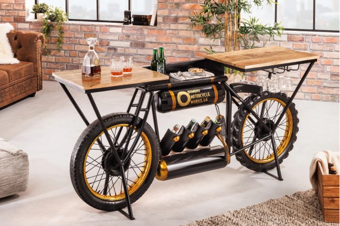 Moto bar vintage avec plateau bois précieux manguier, porte bouteille et verre 185 cm INDIAN RIDER