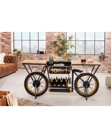 Moto bar vintage avec plateau bois précieux manguier, porte bouteille et verre 185 cm INDIAN RIDER