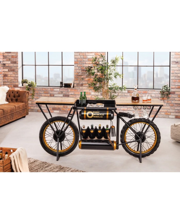 Moto bar vintage avec plateau bois précieux manguier, porte bouteille et verre 185 cm INDIAN RIDER