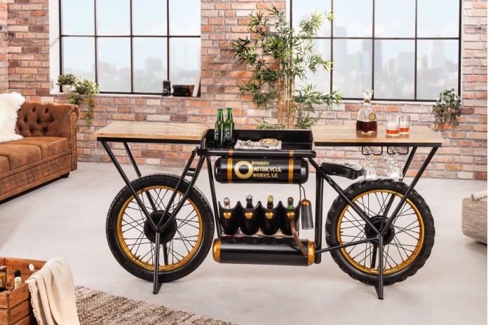 Moto bar vintage avec plateau bois précieux manguier, porte bouteille et verre 185 cm INDIAN RIDER