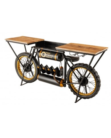 Moto bar vintage avec plateau bois précieux manguier, porte bouteille et verre 185 cm INDIAN RIDER