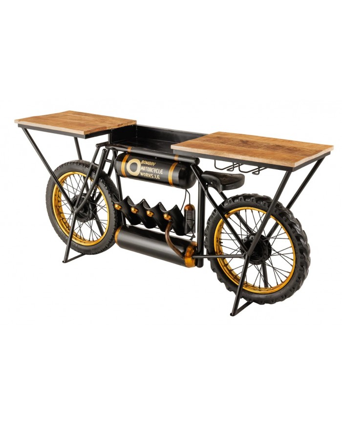 Moto bar vintage avec plateau bois précieux manguier, porte bouteille et verre 185 cm INDIAN RIDER