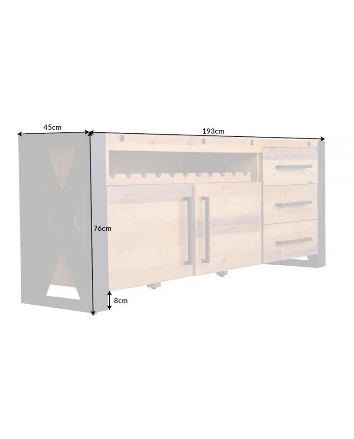Commode buffet en bois massif de pin & métal noir 195 cm ELDERWOOD