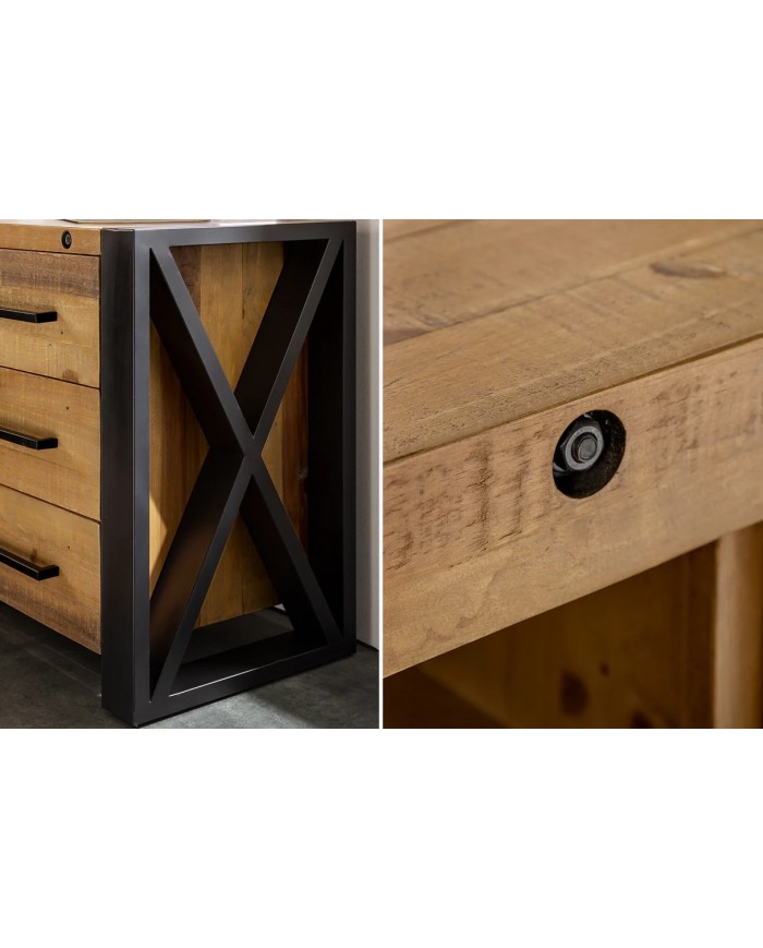 Commode buffet en bois massif de pin & métal noir 195 cm ELDERWOOD