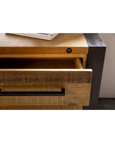 Commode buffet en bois massif de pin & métal noir 195 cm ELDERWOOD