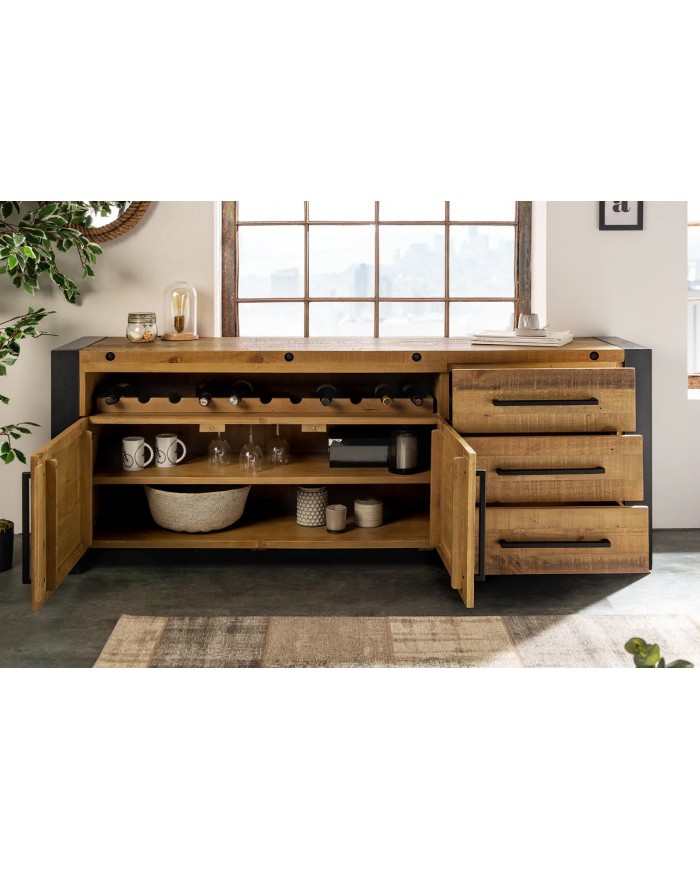 Commode buffet en bois massif de pin & métal noir 195 cm ELDERWOOD