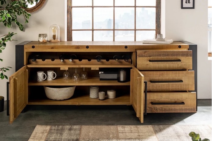 Commode buffet en bois massif de pin & métal noir 195 cm ELDERWOOD