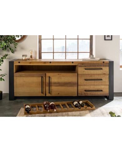 Commode buffet en bois massif de pin & métal noir 195 cm ELDERWOOD