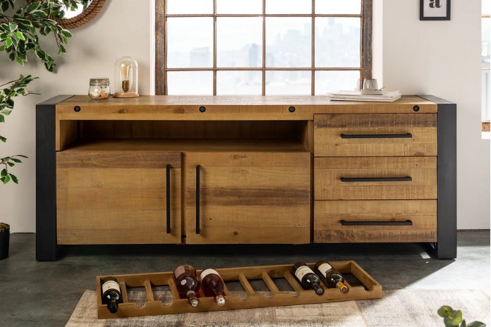 Commode buffet en bois massif de pin & métal noir 195 cm ELDERWOOD