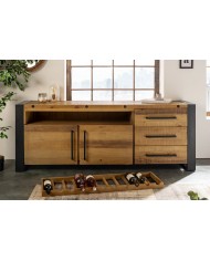 Commode buffet en bois massif de pin & métal noir 195 cm ELDERWOOD