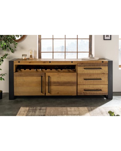 Commode buffet en bois massif de pin & métal noir 195 cm ELDERWOOD