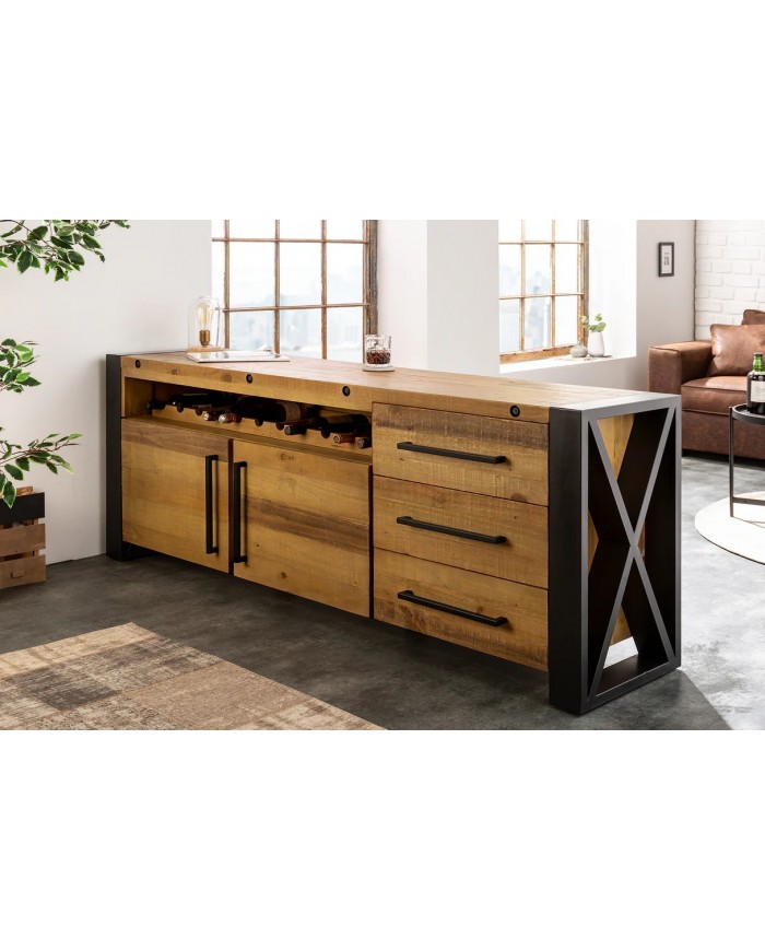 Commode buffet en bois massif de pin & métal noir 195 cm ELDERWOOD