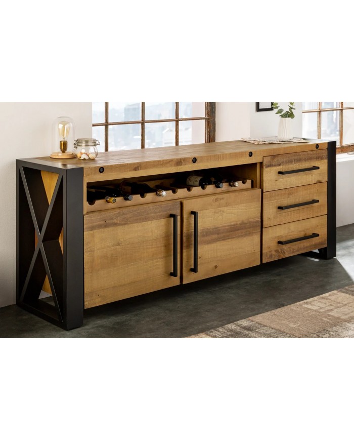 Commode buffet en bois massif de pin & métal noir 195 cm ELDERWOOD