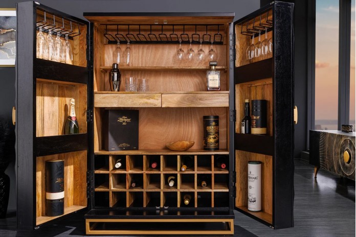 Bar buffet bois de manguier design avec tiroirs, porte verre et porte bouteille 140 cm AMMONIS