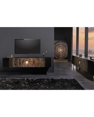 Bar buffet bois de manguier design avec tiroirs, porte verre et porte bouteille 140 cm AMMONIS