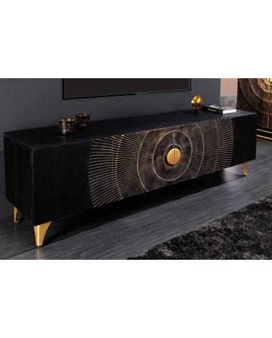 Meuble TV en bois de manguier noir sur pieds métal or 180 cm AMMONIS