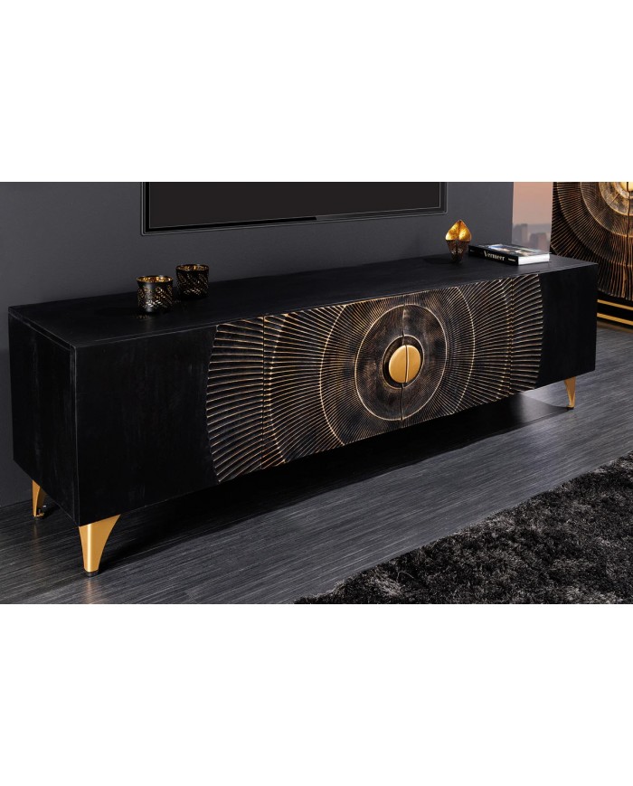 Meuble TV en bois de manguier noir sur pieds métal or 180 cm AMMONIS