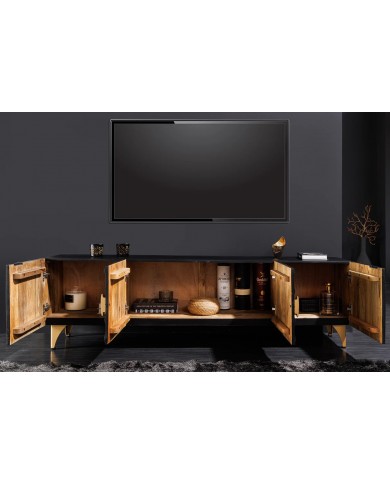 Meuble TV en bois de manguier noir sur pieds métal or 180 cm AMMONIS