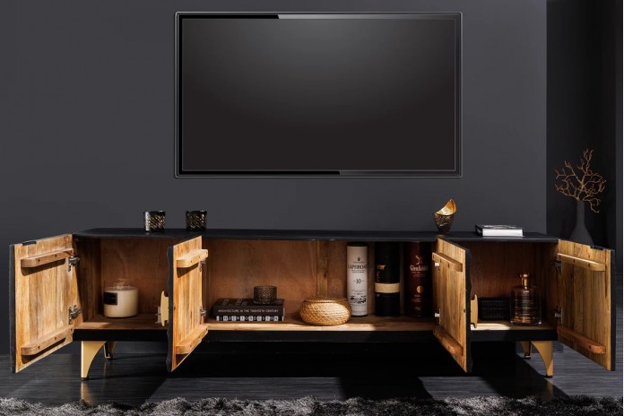 Meuble TV en bois de manguier noir sur pieds métal or 180 cm AMMONIS