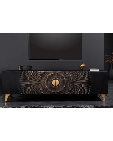 Meuble TV en bois de manguier noir sur pieds métal or 180 cm AMMONIS