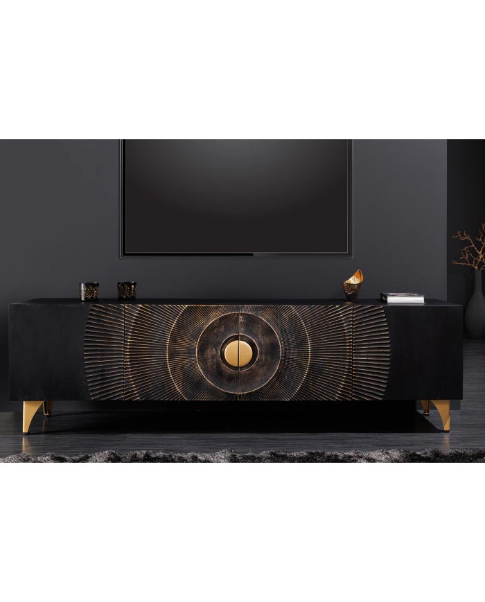 Meuble TV en bois de manguier noir sur pieds métal or 180 cm AMMONIS