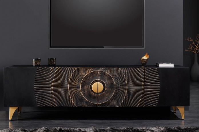 Meuble TV en bois de manguier noir sur pieds métal or 180 cm AMMONIS