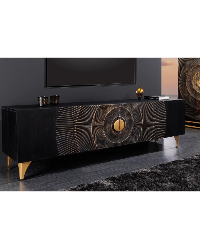 Meuble TV en bois de manguier noir sur pieds métal or 180 cm AMMONIS